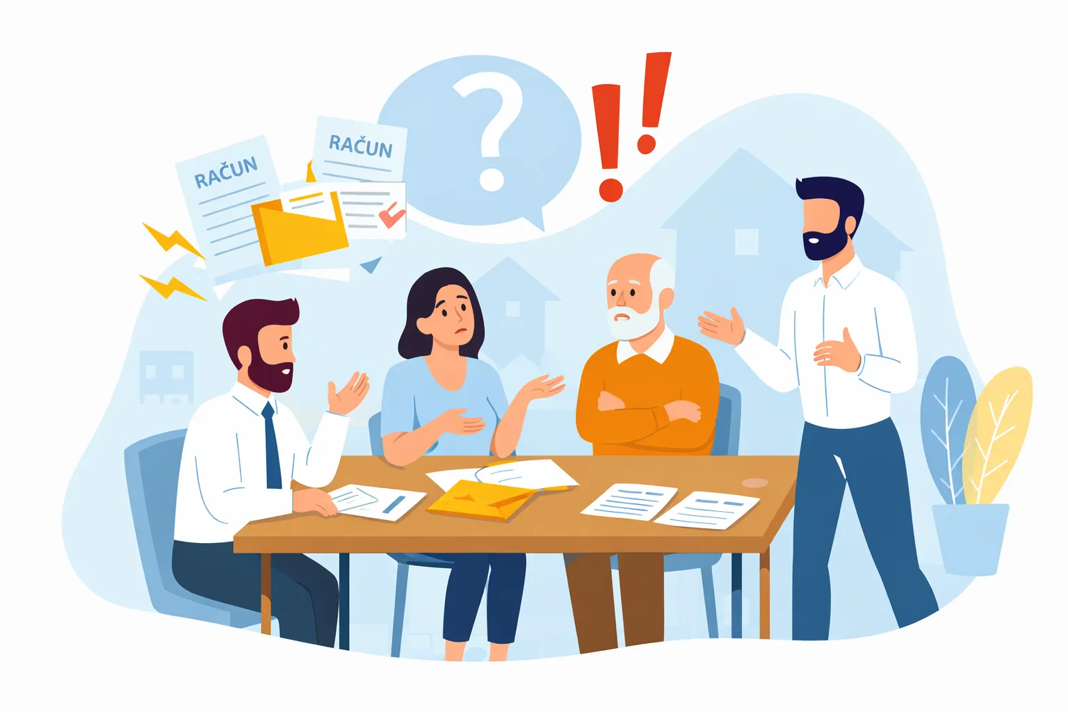 Stanari na sastanku zgrade razgovaraju o neplaćenim računima i zajedničkim troškovima