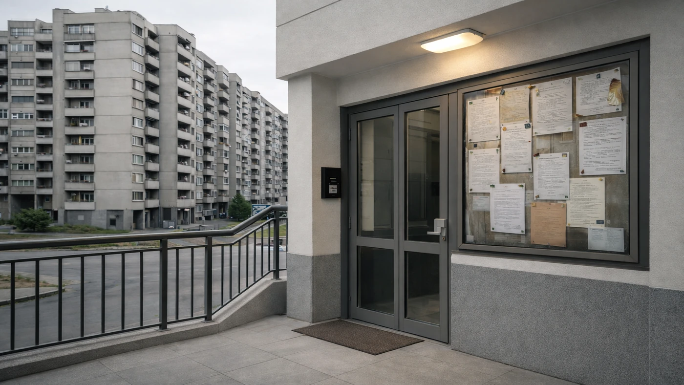 Uredan ulaz stambene zgrade u Novom Beogradu sa oglasnom tablom